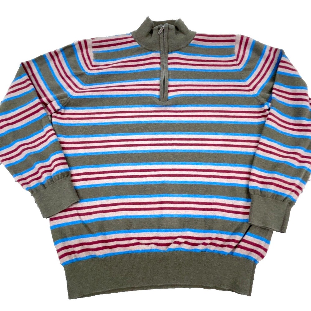 LL Bean Sweater Men Medium Brown Red Pullover Quarter Zip Striped‎ Soft Knit
